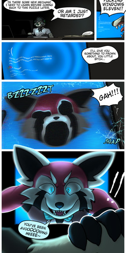 artificial_intelligence blue_screen_of_death clothed clothing coming_out_of_monitor computer electronics gaming glitch headphones male profanity shirt topwear trashbadger remi_(jakeneutron) trashbadger_(fursona) ailurid badger mammal mustelid musteline red_panda absurd_res hi_res