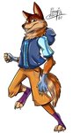 anthro bottomwear brown_body brown_eyes brown_fur chain claws clothing fingerless_gloves fist footwear fur gloves handwear male pose shorts sleveless_hoodie smile smirk socks solo teeth zipper fenris64 canid canine canis mammal wolf hi_res shaded