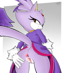 anthro anus bedroom_eyes butt clothed clothing female fur genitals gloves hair hand_on_butt handwear looking_at_viewer looking_back narrowed_eyes presenting presenting_hindquarters purple_body purple_fur raised_clothing seductive simple_background smile solo spread_butt spreading standing tail vulva amazinggwen sega sonic_the_hedgehog_(series) blaze_the_cat domestic_cat felid feline felis mammal absurd_res digital_media_(artwork) hi_res