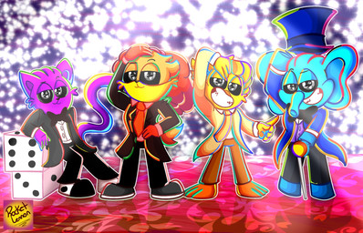 anthro blue_body clothing group hat headgear headwear male orange_body purple_body suit yellow_body rocketlennon mob_entertainment poppy_playtime smiling_critters bubba_bubbaphant catnap_(poppy_playtime) dogday_(poppy_playtime) kickinchicken avian bird canid canine canis chicken domestic_cat domestic_dog elephant elephantid felid feline felis galliform mammal phasianid proboscidean hi_res