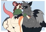 anthro big_butt bottomwear butt butt_focus butt_grab calico_pattern clothed clothing duo ear_piercing facial_piercing female hand_on_butt hoodie looking_at_viewer looking_back male male/female nose_piercing piercing rear_view simple_background skirt smile tail thick_thighs topwear hotfilk jinx_(racc4hire) mammal mouse murid murine procyonid raccoon rodent hi_res