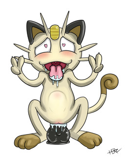 abdominal_bulge anthro bodily_fluids crouching dildo double_v_sign drooling female feral genitals gesture hand_gesture heart_eyes heart_symbol riding_dildo saliva sex_toy solo tongue tongue_out v_sign vulva herculesart nintendo pokemon domestic_cat felid feline felis generation_1_pokemon mammal meowth pokemon_(species) absurd_res hi_res