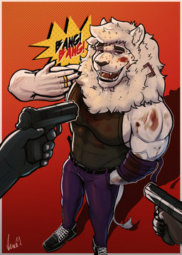 anthro blood bodily_fluids bruised gun looking_aside male muscular onomatopoeia ranged_weapon ring solo sound_effects text weapon vulxer felid lion mammal pantherine absurd_res comic hi_res