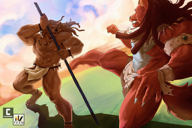 4_toes 5_fingers abs anthro barefoot black_nose bottomwear brown_body brown_fur clothed clothed_anthro clothed_male clothing dreadlocks duo fangs feet fight fingers fur hindpaw humanoid_hands kick loincloth male muscular muscular_anthro muscular_male navel nipples outside paws staff teeth text toes topless topless_anthro topless_male tribal nexus menelik canid canine canis ethiopian_wolf mammal 3:2 english_text hi_res