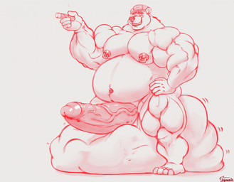 anthro balls belly big_balls big_belly big_muscles big_penis cigar clothing cock_vore erection genitals hand_on_hip hat headgear headwear huge_balls huge_muscles huge_penis hyper hyper_balls hyper_genitalia hyper_penis male male_pred musclegut muscular muscular_arms nipple_piercing nipples nude pecs penile penis piercing same_size_vore vein veiny_penis vore abyssparasite bear mammal hi_res