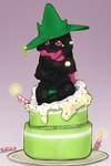 anthro black_body black_fur bulge cake clothing dessert embarrassed food fur hat headgear headwear male pop_out_cake scarf solo thong underwear wizard_hat starrberry deltarune undertale_(series) ralsei bovid caprine goat mammal