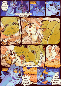 3_toes anthro areola bed black_body black_fur blush blush_lines brown_body brown_fur car chode chubby_penis clothing crater destroyed_building dialogue dream feet fur furniture genitals green_body group male male/male multicolored_body multicolored_fur nipples nude nude_anthro nude_male obscured_face onomatopoeia overweight overweight_male penis pink_areola pink_nipples rampage retracted_penis scruffy shirt snuff sound_effects speech_bubble stepped_on stepping stomped stomping stomping_on_balls tank_top text text_box toes topwear train trio vehicle waking_up wet_dream window yelling yellow_sclera palprime1 wretchedwrench dobie_(wretchedwrench) socket_(wretchedwrench) canid canine canis dobermann domestic_dog kaiju mammal pinscher absurd_res comic english_text hi_res