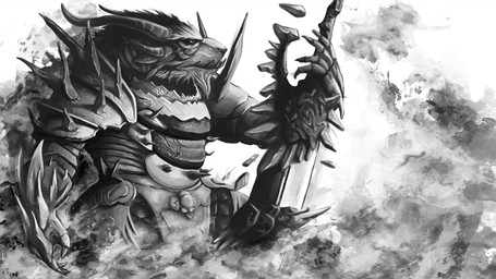 5_fingers abstract_background ambiguous_gender armor beard claws facial_hair facial_markings finger_claws fingers hair head_horn head_markings holding_melee_weapon holding_object holding_sword holding_weapon horn looking_aside markings melee_weapon overbite side_view solo striped_face stripes sword weapon deriaz guild_wars charr felid mammal 2014 digital_drawing_(artwork) digital_media_(artwork) greyscale half-length_portrait monochrome portrait signature