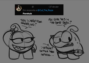 antennae_(anatomy) bodily_fluids bracelet clothed clothing comment concern duo eyelashes female jewelry male male/female partially_clothed smug speedo sweat swimwear text tweet henrique_rick cut_the_rope pornhub twitter zeptolab om_nelle om_nom humanoid nommie english_text hi_res