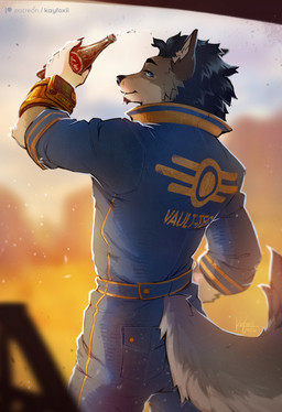 anthro biped bottomwear claws clothed clothed_anthro clothed_male clothing fingers fully_clothed fully_clothed_anthro fully_clothed_male fur hair looking_at_viewer male rear_view smile solo standing tail teeth topwear kayfoxii canid canine canis mammal wolf 2026 digital_drawing_(artwork) digital_media_(artwork) hi_res