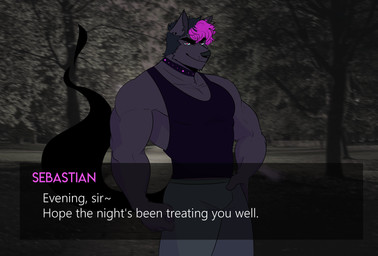 anthro black_choker black_clothing black_collar black_hair black_jewelry black_necklace black_shirt black_tail black_tank_top black_topwear bodily_fluids choker closed_smile clothed clothed_anthro clothed_male clothing collar dialogue dialogue_box fully_clothed fully_clothed_anthro fully_clothed_male fur hair highlights_(coloring) jewelry male male_anthro mouth_closed multicolored_hair necklace photo_background pink_eyes pink_hair pink_highlights pink_text purple_body purple_fur shirt smile solo standing sweat tail tank_top tattoo text topwear two_tone_hair visual_novel_interface white_text melaisen sebastian_(melaisen) canid canine canis domestic_dog mammal 2020 absurd_res digital_drawing_(artwork) digital_media_(artwork) english_description english_text hi_res mixed_media photography_(artwork) portrait three-quarter_portrait