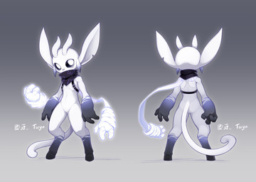 ambiguous_gender antennae_(anatomy) anthro black_sclera featureless_crotch flat_chested hooves simple_background solo tail text white_body white_eyes ty_poor microsoft ori_(series) xbox_game_studios fan_character tuya_(ty_poor) guardian_spirit 2025 character_name hi_res