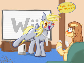 blush controller dialogue doing_it_wrong duo electronics feathered_wings feathers female feral furniture game_console game_controller living_room misunderstanding raised_leg silly sofa teats television text wings frist44 friendship_is_magic hasbro my_little_pony mythology nintendo wii cream_heart derpy_hooves_(mlp) fan_character equid equine mammal mythological_creature mythological_equine pegasus 4:3 english_text