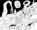 2021 ambiguous_gender baalbuddy clothed clothing comic duo eldritch_abomination english_text hi_res human humor male mammal monochrome multi_eye not_furry sharp_teeth teeth tentacle_creature tentacles text