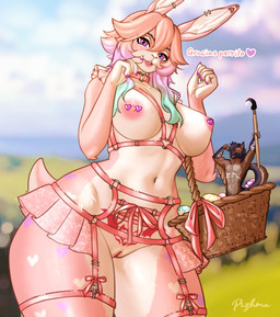 5_fingers abs anthro areola barbell_piercing biceps big_breasts biped bottomwear breasts brown_body brown_fur brown_tail claws clothed clothed_anthro clothed_female clothing cloud countershade_fur countershade_torso countershading day duo ear_piercing eyelashes eyes_closed female finger_claws fingers front_view fur genitals glistening_eyelids hair harness holding_object inner_ear_fluff long_eyelashes looking_at_viewer male markings mountain muscular muscular_anthro muscular_male navel nipple_piercing nipples nude nude_male o-ring open_mouth open_smile outside pecs piercing pink_body pink_fur pink_hair pink_tail purple_eyes skirt sky smile spots spotted_body spotted_fur standing tail teeth tongue tuft vulva womb_tattoo pizhma canid canine lagomorph leporid mammal rabbit 2026 absurd_res digital_drawing_(artwork) digital_media_(artwork) hi_res