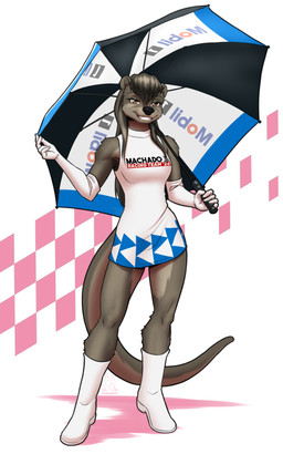5_fingers anthro armwear biped boots breasts brown_hair clothed clothed_anthro clothed_female clothing elbow_gloves eyebrows eyelashes female fingers footwear front_view fur gloves hair handwear holding_object holding_umbrella long_hair looking_at_viewer shoes simple_background smile solo standing tail teeth text text_on_clothing text_on_topwear topwear umbrella white_armwear white_boots white_clothing white_elbow_gloves white_footwear white_gloves white_handwear white_topwear mykegreywolf nat_(mykegreywolf) mammal mustelid otter 2026 5:8 absurd_res digital_drawing_(artwork) digital_media_(artwork) hi_res