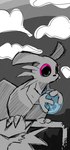 ambiguous_gender black_eyes black_nose cloud feral grey_body grey_sky grey_tail holding_object pink_sclera plant shrub sky solo tail nyanfurry rain_world videocult rivulet_(rain_world) slugcat 2024 digital_media_(artwork) greyscale hi_res monochrome sketch