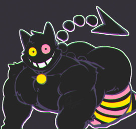 all_fours anthro biceps big_butt black_background black_body black_fur butt clothing footwear fur heterochromia legwear looking_at_viewer male muscular muscular_anthro muscular_male pecs pink_eyes simple_background smile socks solo tail thigh_highs thigh_highs_only thigh_socks yellow_eyes zappyron deltarune undertale_(series) friend_(deltarune) domestic_cat felid feline felis mammal 2026 chromatic_aberration digital_media_(artwork)