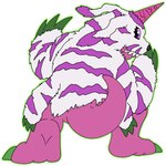 animal_skin anthro claws fur horn male pink_body purple_eyes rear_view solo striped_body striped_fur stripes wsdigi bandai_namco digimon digimon_(species) psychemon 1:1 hi_res