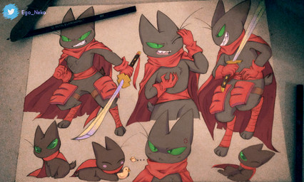 anthro black_body black_fur cape chibi clothing digitigrade fangs feral fur green_eyes grin katana male melee_weapon multiple_poses one_eye_closed pose rubber_duck smile solo sword tailless teeth weapon whiskers wink ego_neko cartoon_network mao_mao:_heroes_of_pure_heart sheriff_mao_mao_mao domestic_cat felid feline felis mammal multiple_images traditional_media_(artwork) watermark