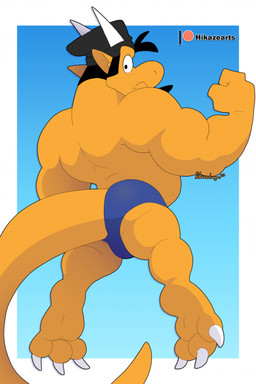 anthro beanie black_hair butt claws clothed clothing feet hair hat headgear headwear horn looking_back male muscular muscular_anthro muscular_male solo speedo swimwear topless topless_anthro topless_male yellow_body hikazedragon mythology hikaze_(character) dragon mythological_creature mythological_scalie scalie 2023 hi_res