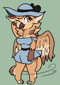 barefoot beak blush breasts chibi clothing digitigrade dress feathered_wings feathers feet female hat headgear headwear non-mammal_breasts one_eye_closed simple_background solo sun_hat sundress wide_brim_hat wind wings wink kat-astrophiic mythology sona_(noxiis) avian bird gryphon mythological_avian mythological_creature owl