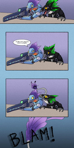 3_fingers 3_toes aiming_gun anthro armor avian_caruncle bandage bandaged_tail beak beam_rifle bullet_wound claws clothed clothed_anthro clothed_male clothing dialogue digitigrade duo empty_eyes energy_weapon face_covered feather_hair feathered_crest feathers feet finger_claws fingers full_armor furniture green_body green_feathers gun head_crest holding_gun holding_object holding_own_tail holding_ranged_weapon holding_tail holding_weapon long_tail male male_anthro orange_eyes pseudo_hair purple_body purple_feathers ranged_weapon sad severed_body_part severed_tail sitting sofa speech_bubble standing tail tail_feathers tail_wound tears_of_pain tears_of_sadness text toes weapon years yellow_eyes akilae06 halo_(series) microsoft xbox_game_studios alien avian kig-yar scalie t'vaoan absurd_res colored comic english_text hi_res long_image tall_image