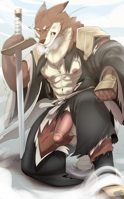 abs angry anthro armor asian_clothing balls battle_damage black_clothing blood bodily_fluids breath brown_body brown_fur bruised clenched_teeth clothed clothing east_asian_clothing erection footwear foreskin fur genitals glans holding_melee_weapon holding_object holding_sword holding_weapon humanoid_genitalia humanoid_penis japanese_clothing katana kneeling male male_anthro melee_weapon multicolored_body multicolored_fur muscular muscular_anthro muscular_male nipples pecs penis pink_genitals pink_nipples pink_penis scar solo sword tan_body tan_genitals teeth torn_clothing wardrobe_malfunction warrior weapon white_genitals wounded yellow_eyes miss_crex bleach_(series) sajin_komamura canid canine canis mammal wolf absurd_res hi_res huge_filesize