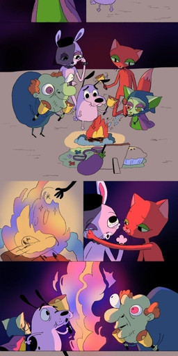 bell bodily_fluids crying fire funeral group tears the_hunchback_nowhere monkeycheese cartoon_network courage_the_cowardly_dog bunny_(courage_the_cowardly_dog) courage_the_cowardly_dog_(character) kitty_(courage_the_cowardly_dog) muriel_bagge shirley_the_medium absurd_res comic hi_res long_image tall_image