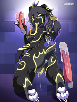 accessory anal anal_masturbation anal_penetration anthro anus bedroom_eyes bioluminescence black_body black_fur blue_eyes bodily_fluids braided_hair breasts buttplug buttplug_in_ass buttplug_insertion dripping facial_markings female flower flower_in_hair fur genital_fluids genitals glowing hair hair_accessory head_markings heterochromia horn long_hair long_tongue looking_at_viewer lube lube_drip markings masturbation narrowed_eyes nipples object_in_ass pawpads paws penetration plant plug_(sex_toy) plug_insertion seductive sex_toy sex_toy_in_ass sex_toy_insertion sharp_teeth solo teeth tongue vaginal_fluids vulva white_pawpads yellow_body yellow_eyes yellow_fur yellow_nipples nikkibunn mythology irina_(lunaraura) bovid caprine dragon frolishian_droat goat hybrid mammal mythological_creature mythological_scalie scalie 2022 3:4 hi_res