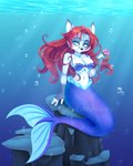 anthro bubble eyebrows eyelashes fangs female flower hair half-closed_eyes long_hair multicolored_body narrowed_eyes plant sitting smile solo split_form teeth underwater water metalpandora raksha_(metalpandora) canid canine fox hybrid mammal marine merfolk 2021