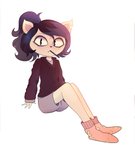 anthro blue_hair bottomwear clothing female food footwear hair hoodie notched_ear ponytail shorts simple_background sitting socks solo topwear white_background arkeus cartoon_hangover pocky the_summoning claire_(the_summoning) domestic_cat felid feline felis mammal 2021 hi_res