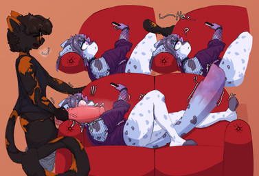 anthro big_penis black_body black_clothing black_fur black_hair black_nose black_shirt black_topwear blue_body blue_fur bottomless bottomwear bottomwear_down clothed clothing comic_panel dick_on_shoulder duo ear_piercing ear_ring electronics eyes_closed eyewear fishnet_clothing fishnet_topwear fur genitals glasses gradient_fur gradient_tail hair highlights_(coloring) inner_ear_fluff knot knotted_penis lying male male/male markings multicolored_body multicolored_fur on_back orange_body orange_fur penis phone piercing purple_body purple_clothing purple_eyes purple_fur purple_highlights question_mark ring_piercing shirt sigh spots spotted_body spotted_fur standing startled sweater sweatpants_down tank_top topwear tuft wearing_glasses white_body white_fur skodaithedog aster_(echo10281) kiku_(chamomilekiku) domestic_cat felid feline felis mammal pantherine snow_leopard tortoiseshell_cat comic hi_res