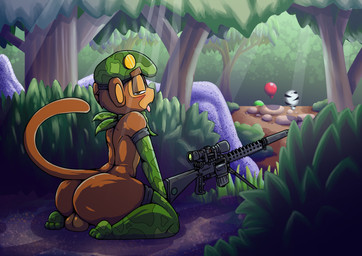 anthro armwear backsack balls big_butt bloon blush butt camo clothing elbow_gloves eyebrows femboy forest genitals gloves gun handwear kerchief kneeling legwear long_tail looking_at_viewer magazine_(gun) male nature nature_background open_mouth outside plant ranged_weapon rifle rock scope sniper_rifle squinted_eyes stockings tail three-quarter_view tongue tongue_out tree weapon iguanasarecool bloons_tower_defense ninja_kiwi sniper_monkey_(bloons) haplorhine mammal monkey primate hi_res
