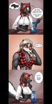 anthro black_body black_fur black_nose blonde_hair blush breasts brown_hair clothed clothed_anthro clothed_female clothing dialogue duo female female/female flirting fur grey_body grey_fur hair multicolored_body multicolored_fur muscular muscular_anthro muscular_female plaid speech_bubble text two_tone_body two_tone_fur white_body white_fur mykegreywolf kim_(mykegreywolf) liz_(mykegreywolf) badger mammal mephitid mustelid musteline skunk absurd_res comic english_text hi_res