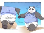 anthro belly big_belly black_body black_nose bodily_fluids bottomwear butt clothing eyes_closed kemono male overweight overweight_male shirt shorts solo sweat tired topwear walking white_body inunoshippo bear giant_panda mammal 2024 4:3 hi_res