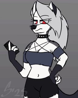 anthro areola clothed clothing clothing_lift collar electronics female nipples phone shirt shirt_lift smile smirk solo spiked_collar spikes tongue tongue_out topwear sombird hellaverse helluva_boss mythology loona_(helluva_boss) canid canid_demon canine demon hellhound mammal mythological_canine mythological_creature 4:5 animated