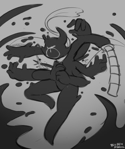 1_eye 4_fingers action_pose angry featureless_crotch featureless_feet feet fingers hands_together holding_melee_weapon holding_object holding_sword holding_weapon male melee_weapon mostly_nude multi_arm multi_limb not_furry pose scarf scarf_only solo sword weapon felino iubi_(felino) goo_creature humanoid shadow_creature 2026 black_and_grey hi_res monochrome sketch