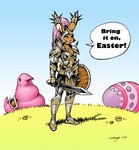 anthro armor black_eyes breasts brown_body brown_fur buckteeth cleavage clothed clothing dialogue easter_egg female flower fur grass hair headgear helmet holidays jewelry melee_weapon necklace pink_hair plant ponytail saddle shield sky solo spikes sword tan_body tan_fur teeth text weapon megan_giles easter peeps candi_(megan_giles) hare lagomorph leporid mammal 2009 english_text