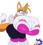 2_tails 5_fingers anthro armwear big_breasts blue_eyes blush bodily_fluids boots breasts chili_dog clothing cosplay crossgender duo elbow_gloves eyelashes eyeshadow female fingers food footwear gloves handwear hot_dog huge_breasts knock-kneed legwear makeup multi_tail shoes simple_background standing surprise sweat tail thigh_boots thigh_highs tight_clothing white_background sssonic2 sega sonic_the_hedgehog_(series) miles_prower rouge_the_bat sonic_the_hedgehog canid canine eulipotyphlan european_hedgehog fox hedgehog mammal red_fox true_fox 2018 absurd_res digital_media_(artwork) hi_res