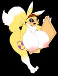 anthro areola big_areola big_breasts big_nipples blue_eyes breasts container female huge_breasts nipples pizza_box simple_background solo transparent_background yellow_body opqhlak bandai_namco digimon canid digimon_(species) mammal renamon absurd_res alpha_channel hi_res