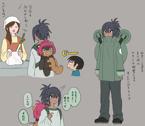 anthro backpack black_hair blue_eyes brown_body brown_fur duo fur group hair male pink_hair plushie seam_(sewing) sharp_teeth teeth kadoko5 bandai_namco digimon digimon_beatbreak granit_(digimon_beatbreak) animate_inanimate digimon_(species) human living_plushie mammal