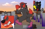 angry anthro building butt city crush destruction detailed_background duo feet fur hair macro male male/male pawpads paws powerful rampage size_difference sky mew2 vix_archaser canid canine canis deity fox mammal wolf