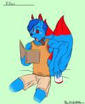 2016 2_tails anthro beverage biped book canid canine clothed clothing digital_media_(artwork) flyingram hair hi_res mammal multi_tail red_eyes sitting solo surprise tail
