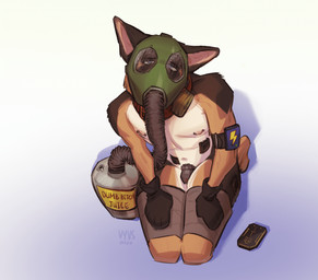 anthro asphyxiation bdsm breath_play chastity_cage chastity_device collar fur gas_mask gas_tank male mask shock_collar solo submissive submissive_male text vyvs canid canine canis domestic_dog german_shepherd herding_dog mammal pastoral_dog english_text hi_res