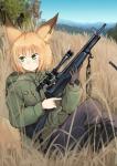 animal_ears blonde_hair blush boots bottomwear brown_body brown_fur clothed clothing day female fluffy fluffy_tail footwear fully_clothed fur gloves grass green_eyes gun hair handwear holding_gun holding_object holding_ranged_weapon holding_rifle holding_weapon inner_ear_fluff jacket outside pants plant ranged_weapon rifle shoes short_hair sitting sitting_on_ground sky solo tail tall_grass topwear tuft weapon batta animal_humanoid canid canid_humanoid canine canine_humanoid fox_humanoid humanoid mammal mammal_humanoid tailed_humanoid 2018