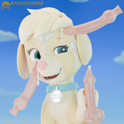 animal_genitalia animal_penis blue_eyes bodily_fluids canine_genitalia canine_penis collar collar_only cum cum_bath cum_drip cum_in_mouth cum_inside cum_on_face cum_on_penis disembodied_penis dripping ejaculation embarrassed female feral fur genital_fluids genitals looking_aside multicolored_body nude open_mouth outside penis sky smile solo two_tone_body white_body white_fur yellow_body yellow_fur young young_feral unknowndata paw_patrol ella_(paw_patrol) bird_dog canid canine canis domestic_dog golden_retriever hunting_dog mammal retriever 3d_(artwork) absurd_res digital_media_(artwork) hi_res
