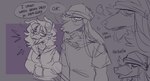 anthro beanie clothing dialogue duo female hair hair_over_eye hat headgear headwear hoodie long_hair male one_eye_obstructed speech_bubble text topwear dimwitdog boss_(dimwitdog) dimmi_(dimwitdog) canid canine canis domestic_dog mammal 2023 english_text greyscale hi_res monochrome sketch