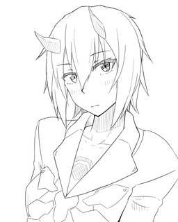 blush clothing female horn looking_at_viewer simple_background solo white_background tsurugi_muda humanoid 2015 4:5 line_art monochrome