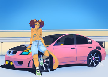 anthro bottomwear bracelet car clothed clothing facial_piercing female fur jewelry markings mole_(marking) navel navel_piercing necklace nipple_piercing nipples nose_piercing orange_body orange_fur partially_clothed piercing shorts simple_background smile solo topless vehicle gulasauce_(artist) katrina_del_mar domestic_cat felid feline felis majarean mammal absurd_res hi_res